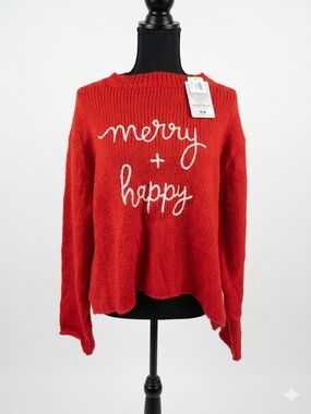 Wooden Ships Red 'merry + happy' Crewneck Knit Sweater